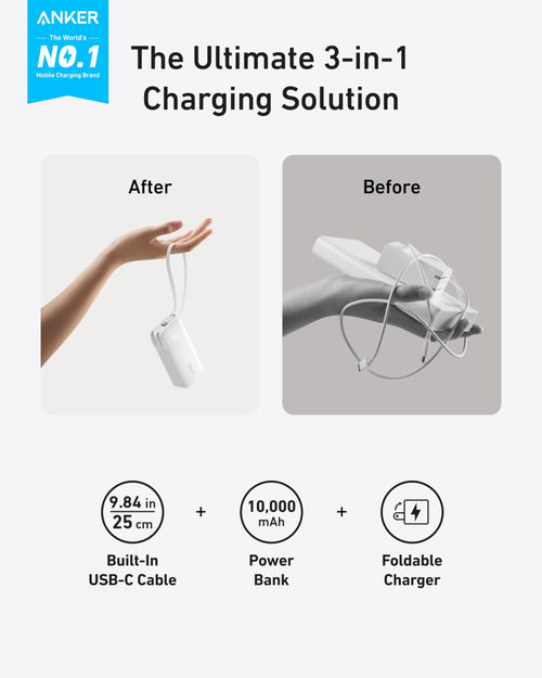 Anker Power Bank 10,000mAh – 30W Fast Charging, Built-In USB-C Cable